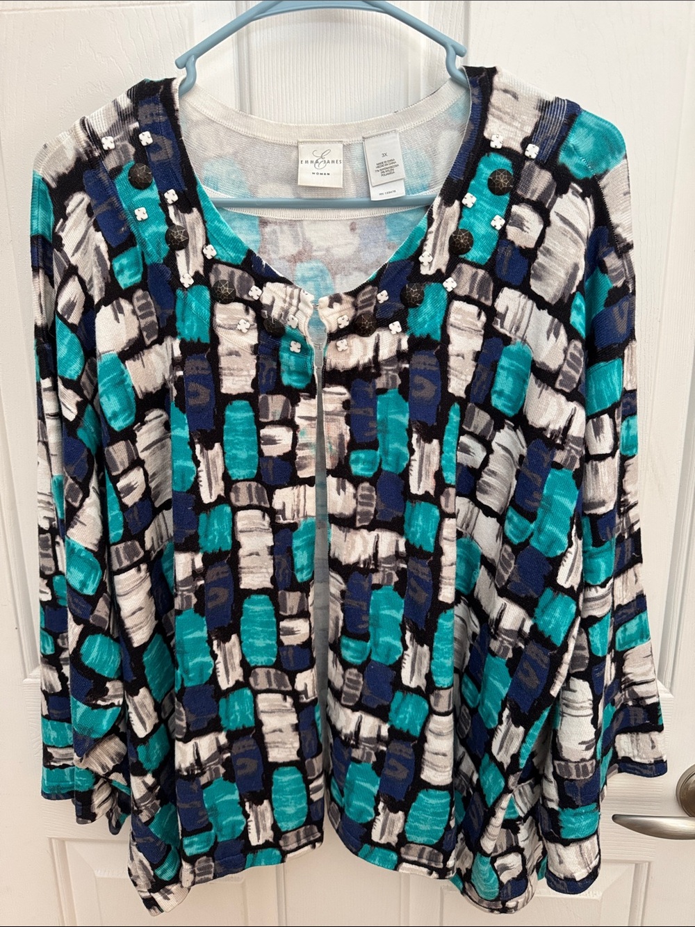 Emma James Woman 3X Teal Blue Abstract Open Front Cardigan Embellished NWOT